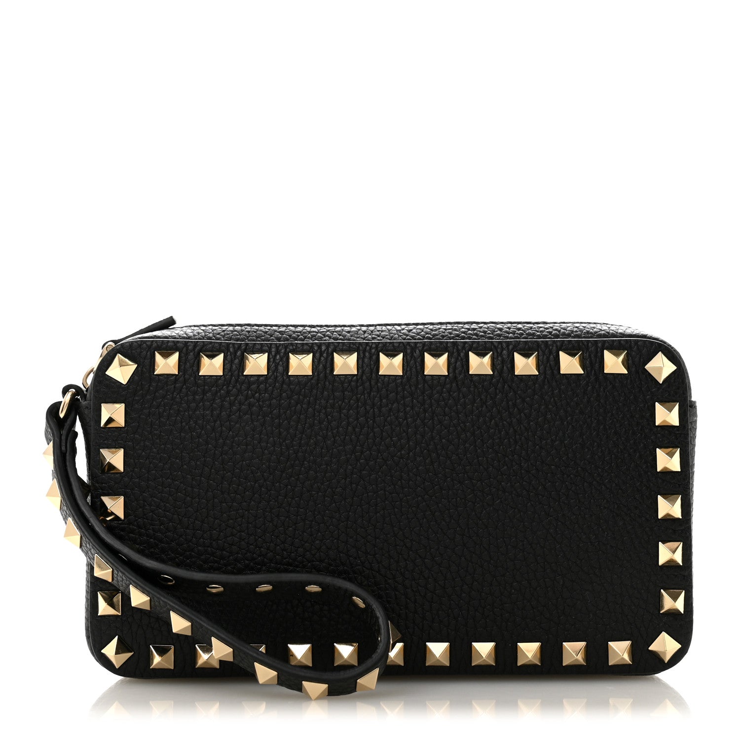 Valentino Garavani Pebbled Calfskin Rockstud Wristlet Zip Pouch Black 1 of 9