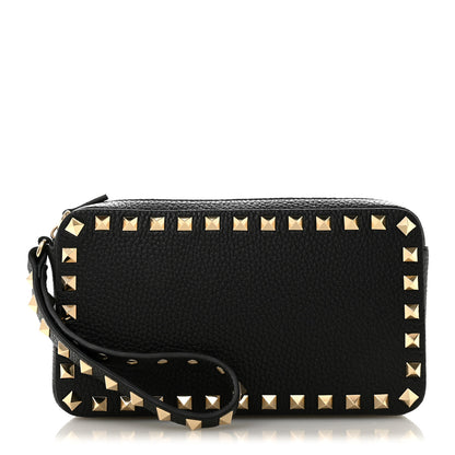 Valentino Garavani Pebbled Calfskin Rockstud Wristlet Zip Pouch Black 1 of 9