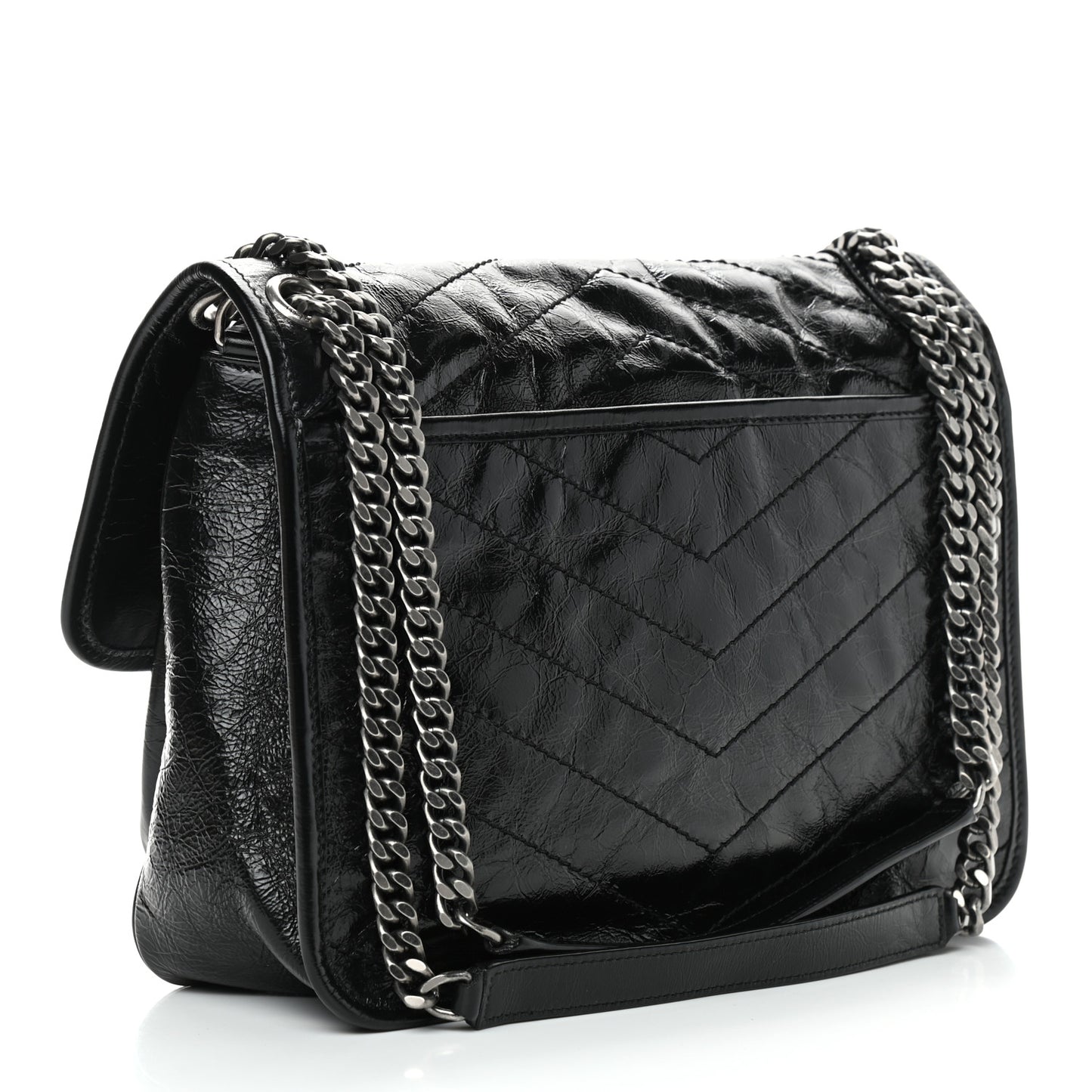 Crinkled Calfskin Matelasse Monogram Medium Niki Chain Satchel Black