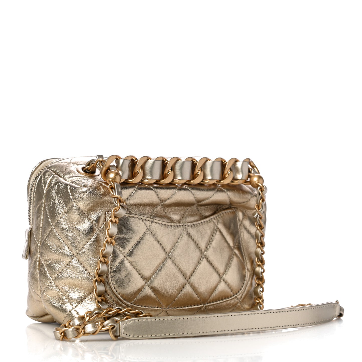 Metallic Lambskin Quilted Mini Bowling Bag Gold