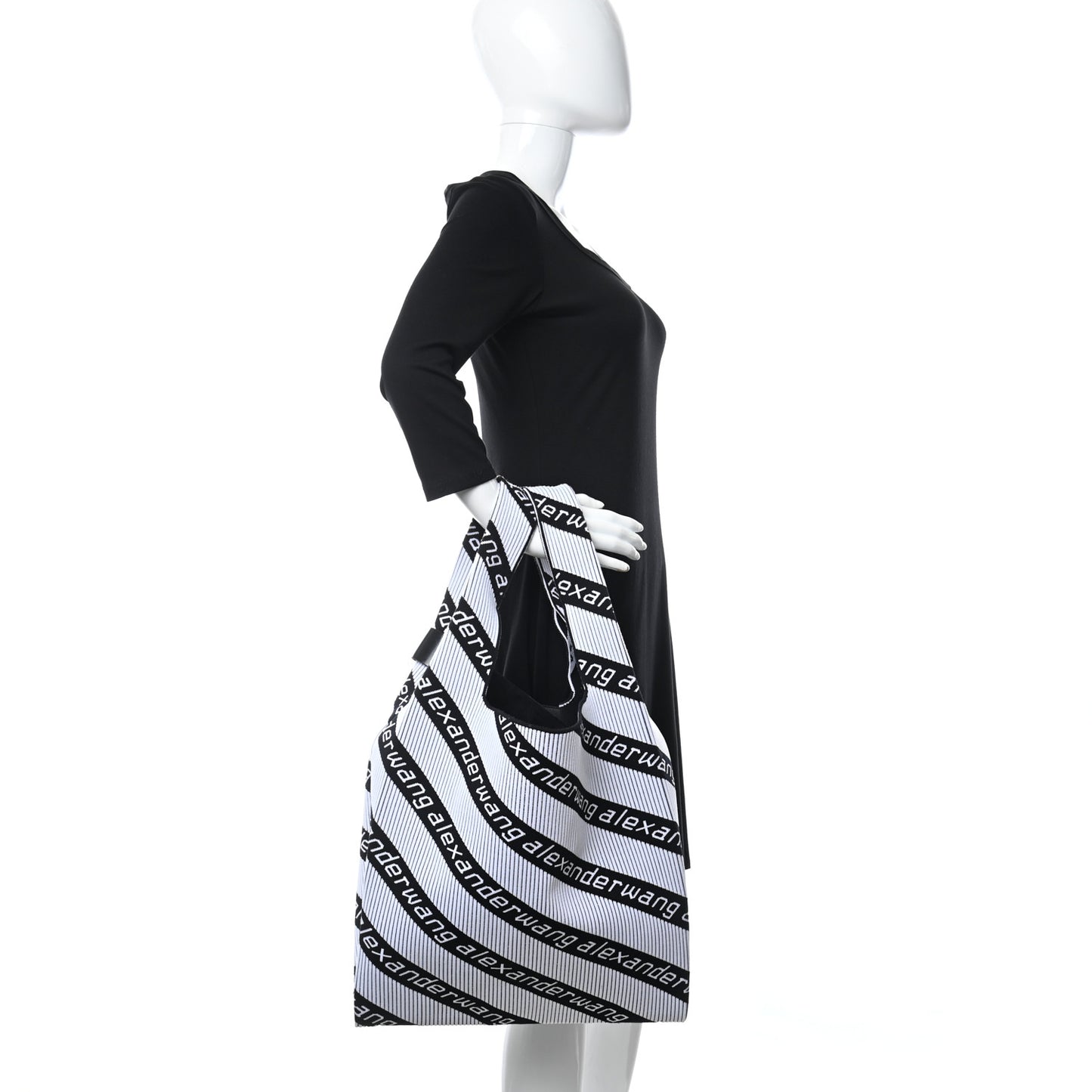 Knit Jacquard Diagonal Logo Shopper Tote Black White