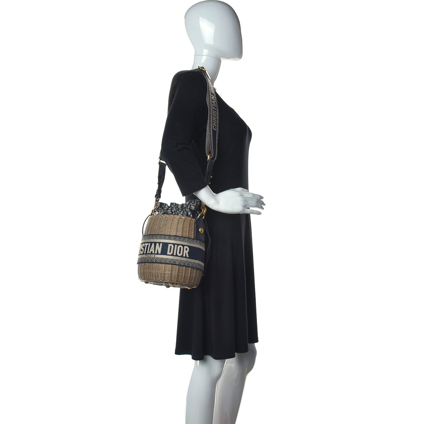 Wicker Oblique Drawstring Bucket Bag Blue