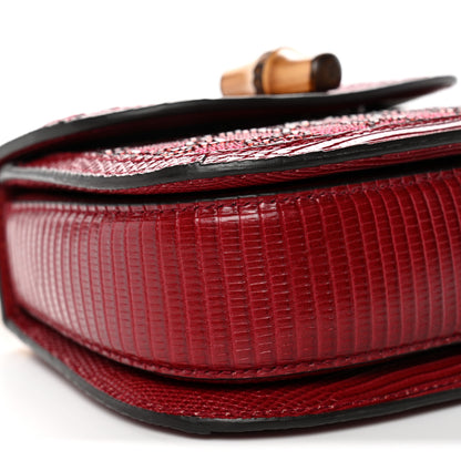 Gucci Moire Fabric Calfskin Rhinestone Monogram Monochrome Lizard Embossed Mini Bamboo 1947 Top Handle Chain Bag Red 8 of 9