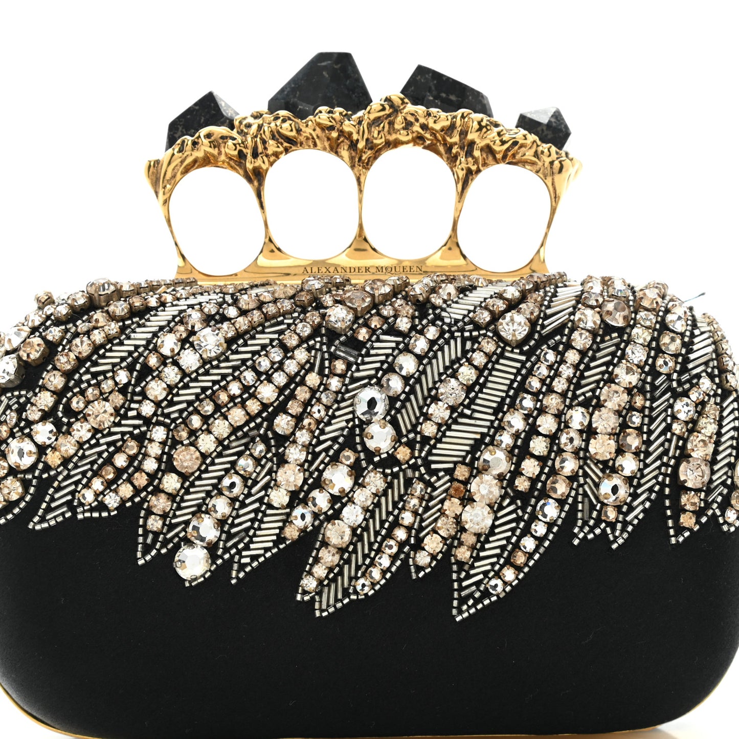 Satin Stone Eagle Embroidered Knuckle Box Clutch Black