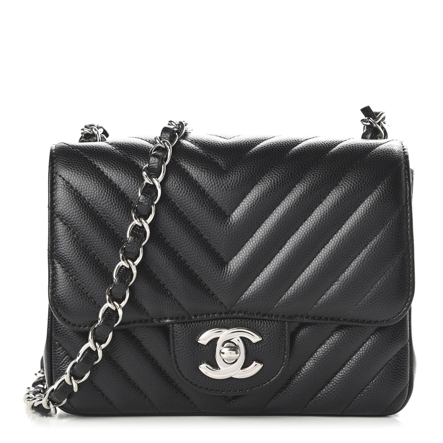 Caviar Chevron Quilted Mini Square Flap Black