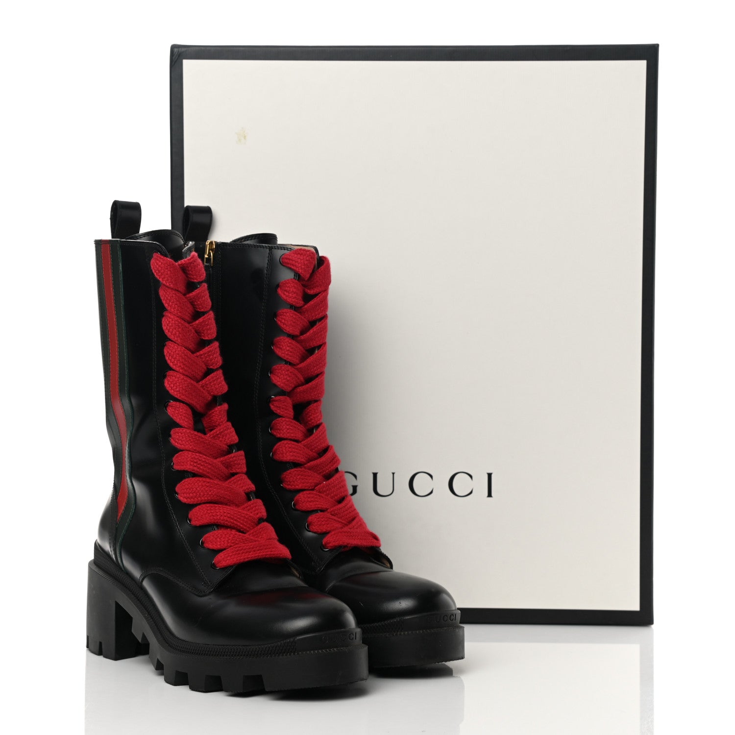 Gucci Magnum Calfskin Cirano Lux Web Lace Up Tall Combat Boots 39 Black Verde Hibiscus Red 15 of 15