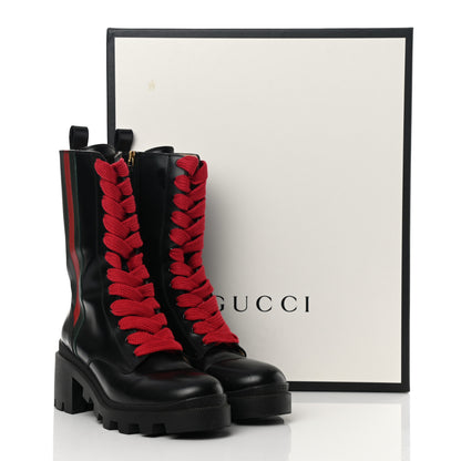 Gucci Magnum Calfskin Cirano Lux Web Lace Up Tall Combat Boots 39 Black Verde Hibiscus Red 15 of 15