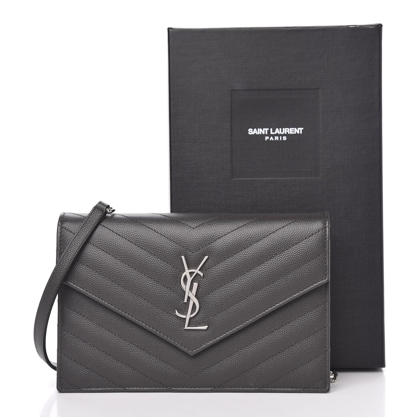 Grain De Poudre Matelasse Chevron Monogram Envelope Chain Wallet Dark Smog
