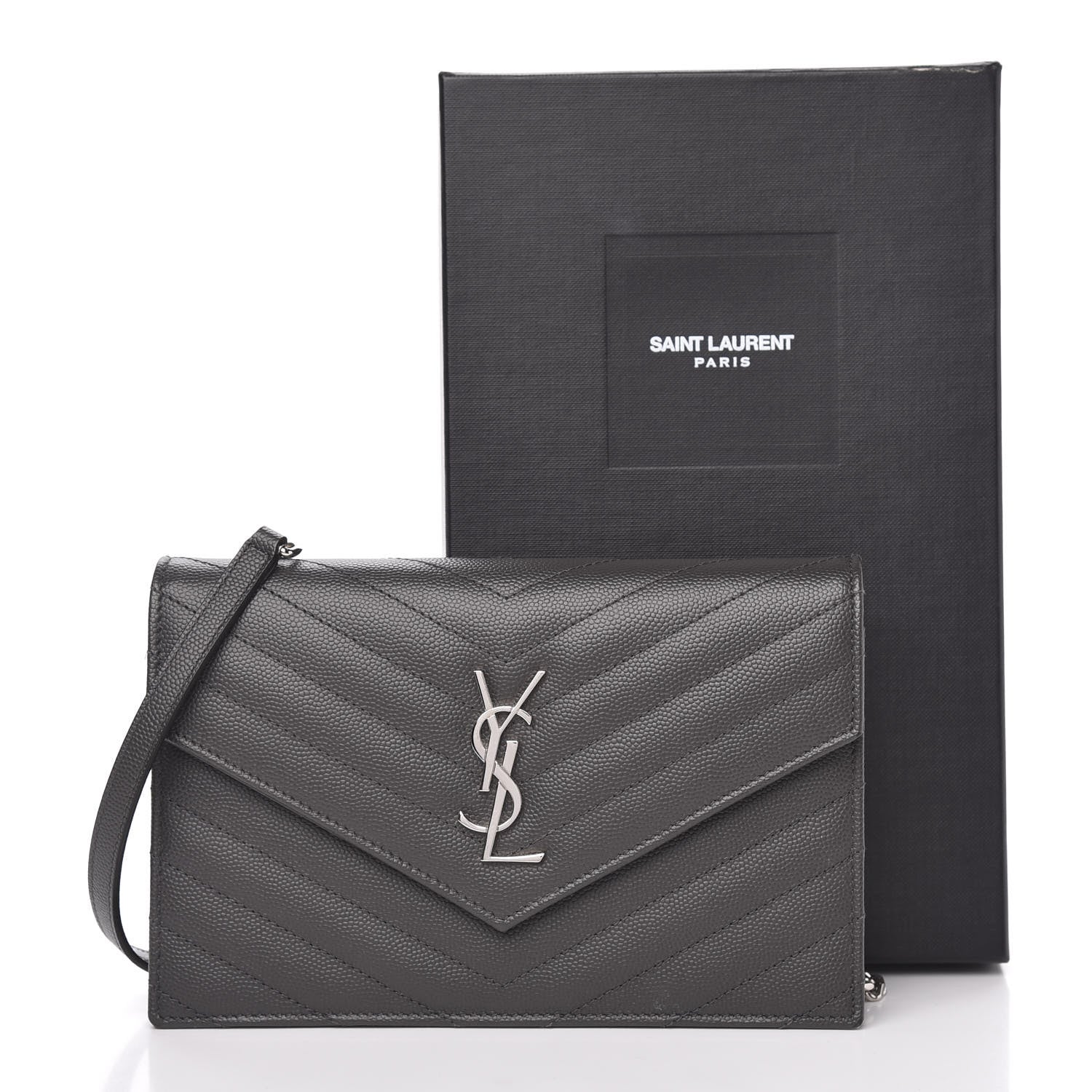 Saint Laurent Grain De Poudre Matelasse Chevron Monogram Envelope Chain Wallet Dark Smog 10 of 10