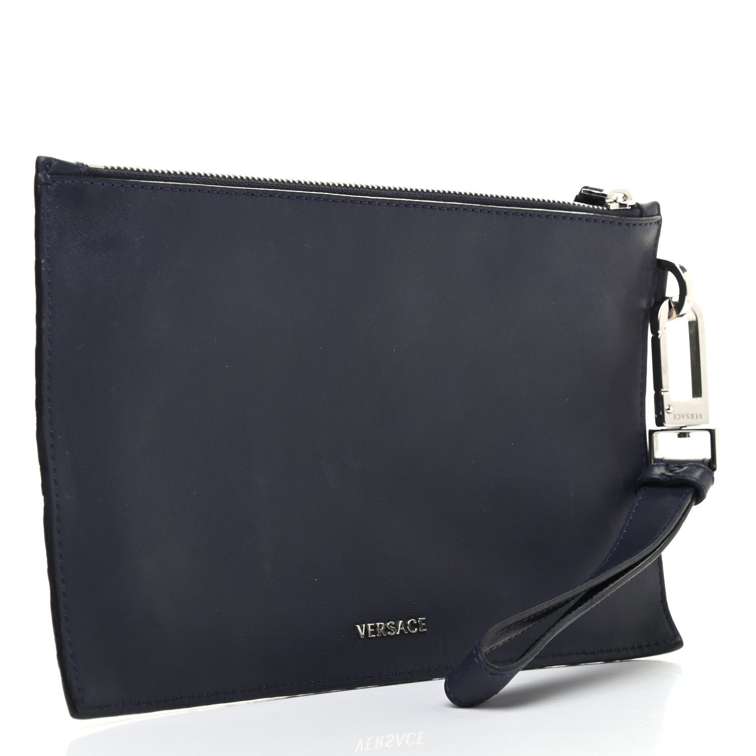 Versace Calfskin Greca Argyle Embossed Wristlet Pouch Navy 3 of 6