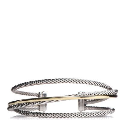 David Yurman Sterling Silver 18K Yellow Gold Crossover Three Row Cuff Bracelet 1 of 5