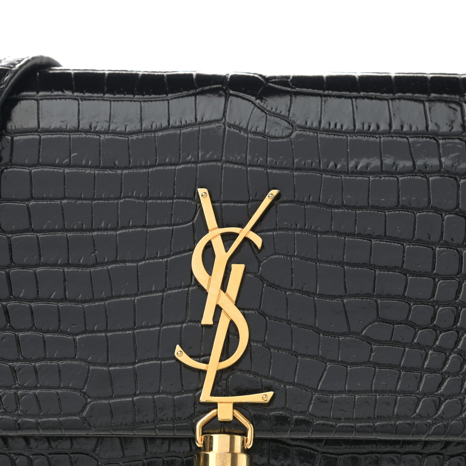 Saint Laurent Calfskin Crocodile Embossed Kate Monogram Tassel Chain Wallet Black 6 of 9