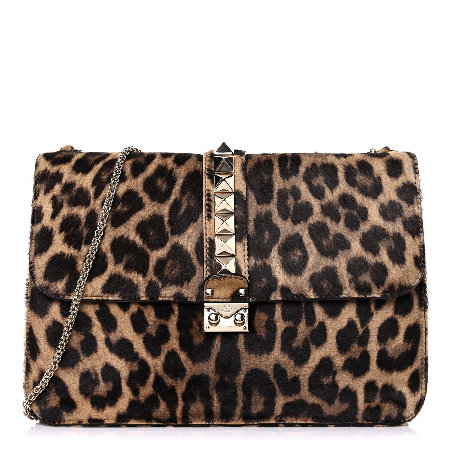 Valentino Garavani Calf Hair Leopard Print Large Glam Lock Rockstud Flap 1 of 13