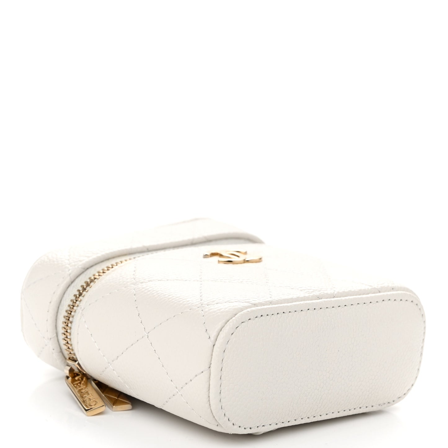 Caviar Quilted Small Handle With Care Vanity Case With Chain White
