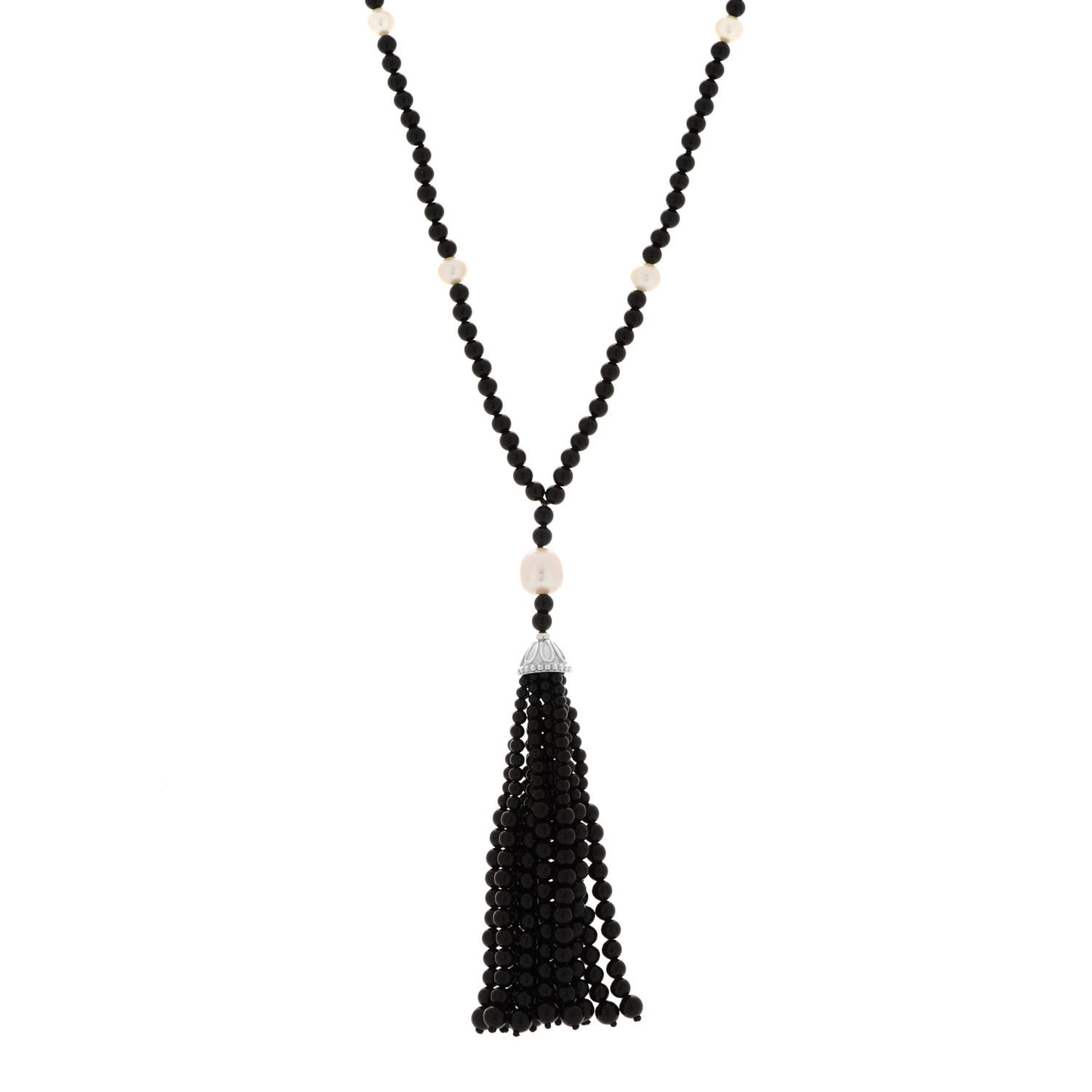 Sterling Silver Black Onyx Freshwater Pearl Ziegfeld Tassel Necklace