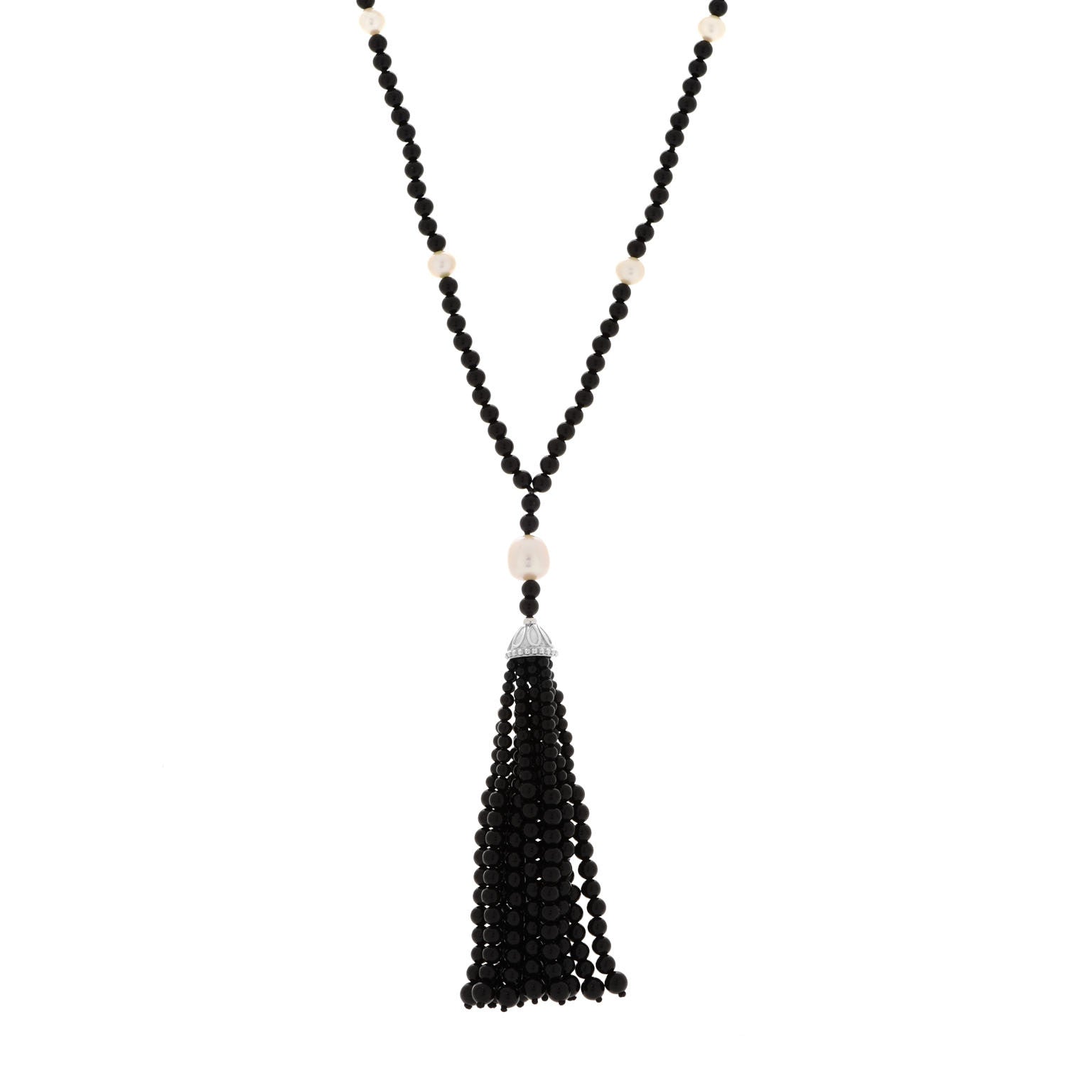 Tiffany Sterling Silver Black Onyx Freshwater Pearl Ziegfeld Tassel Necklace 1 of 6