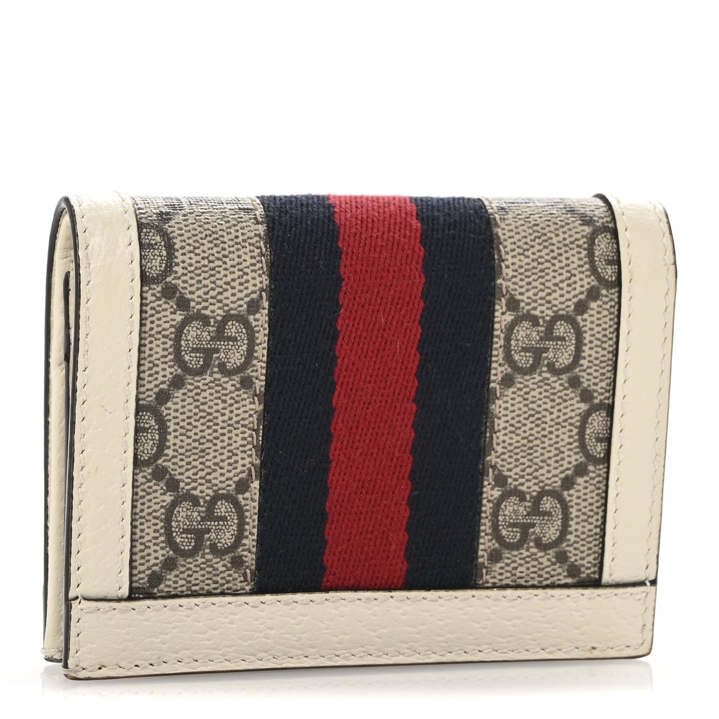 GG Supreme Monogram Textured Dollar Calfskin Web Ophidia Card Case Beige Ebony Mystic White