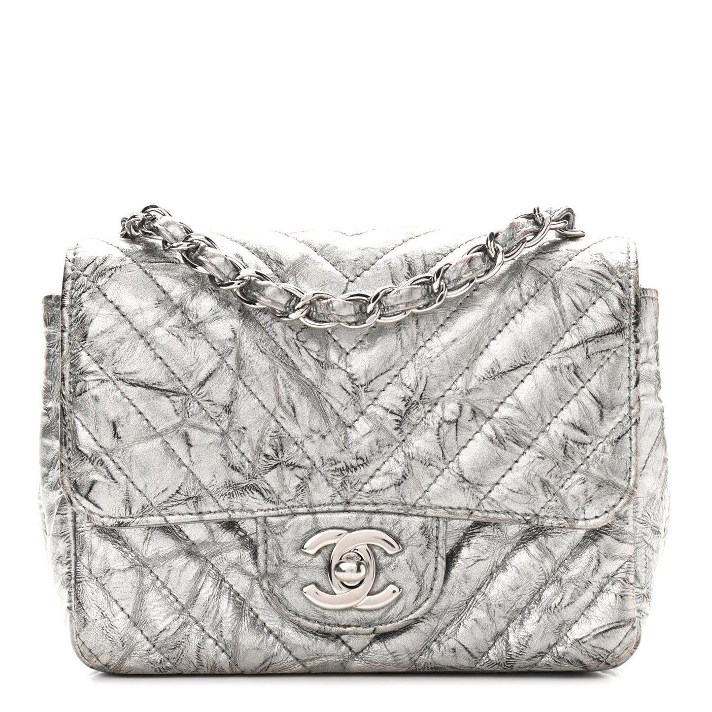 Metallic Patent Crumpled Calfskin Chevron Quilted Mini Square Flap Silver