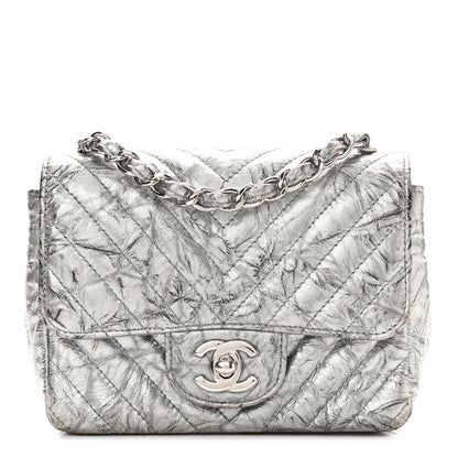 Chanel Metallic Patent Crumpled Calfskin Chevron Quilted Mini Square Flap Silver 1 of 16