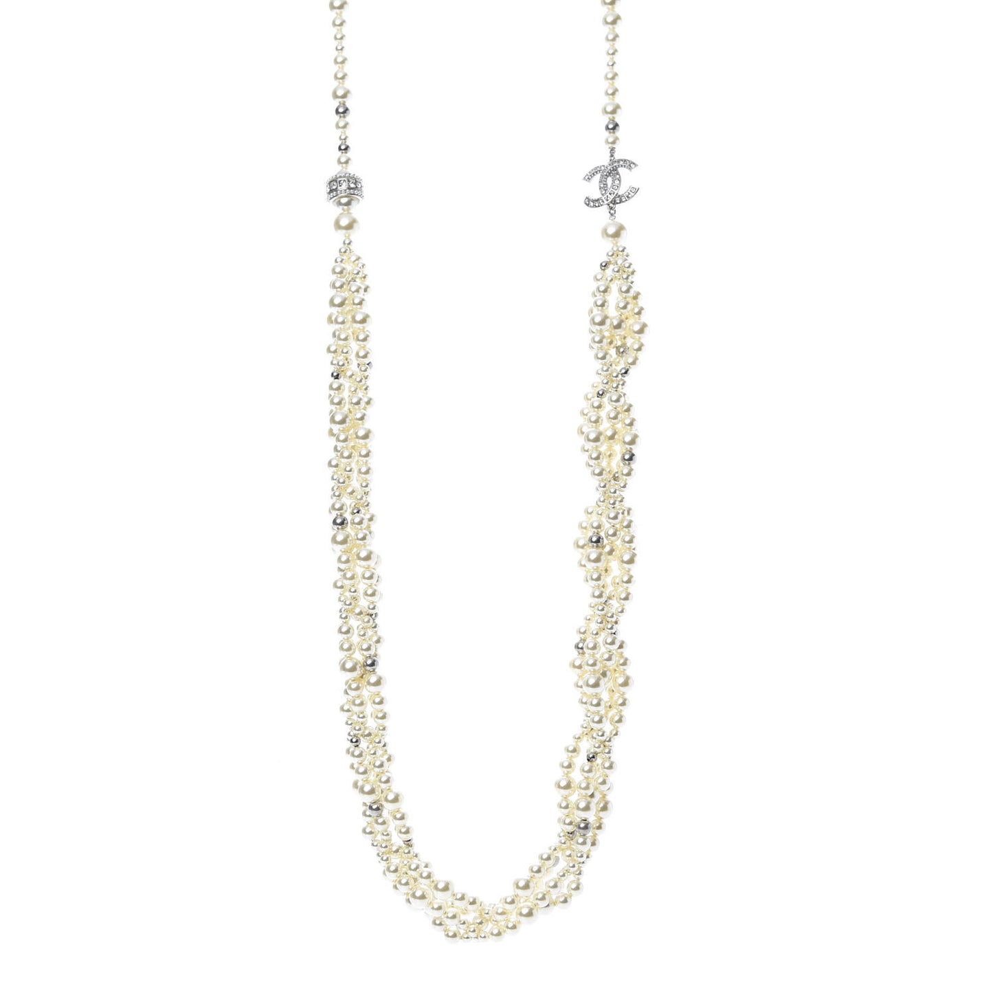 Crystal Pearl CC Braided Necklace Silver Pearly White