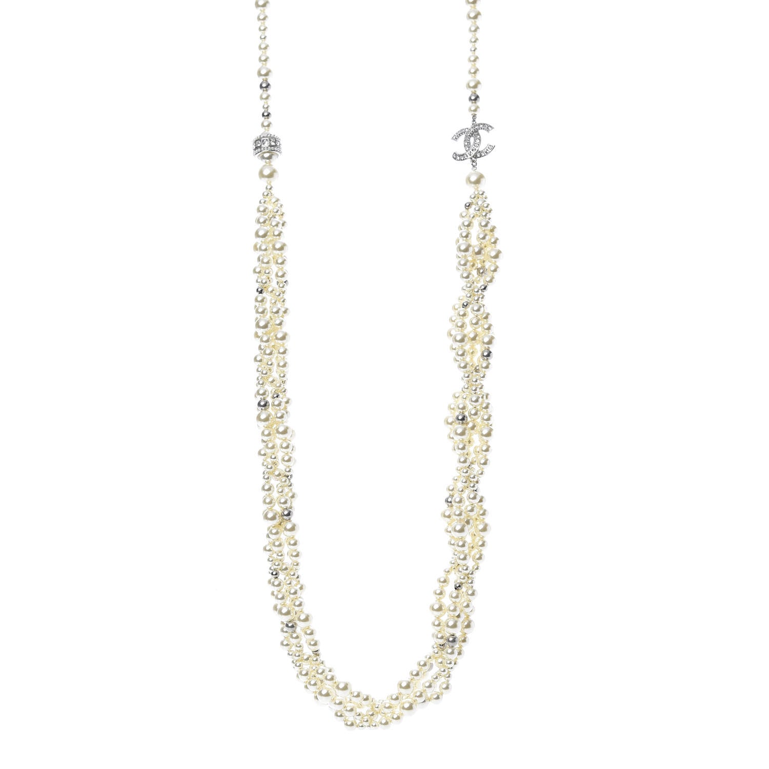 Chanel Crystal Pearl CC Braided Necklace Silver Pearly White 1 of 6