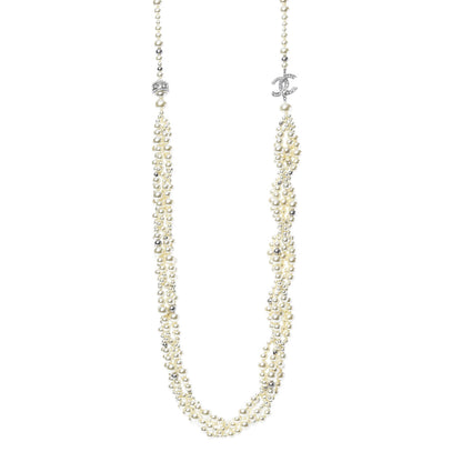 Chanel Crystal Pearl CC Braided Necklace Silver Pearly White 1 of 6