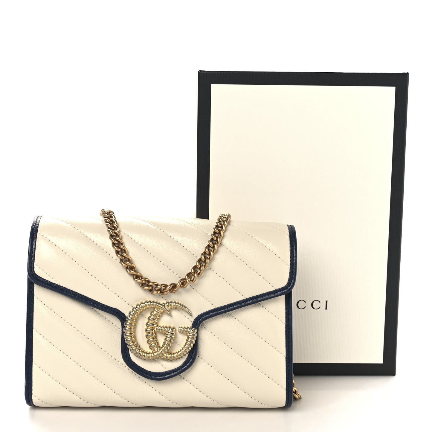 Vintage Effect Calfskin Matelasse Diagonal Torchon GG Marmont Chain Wallet Mystic White Blue Agata