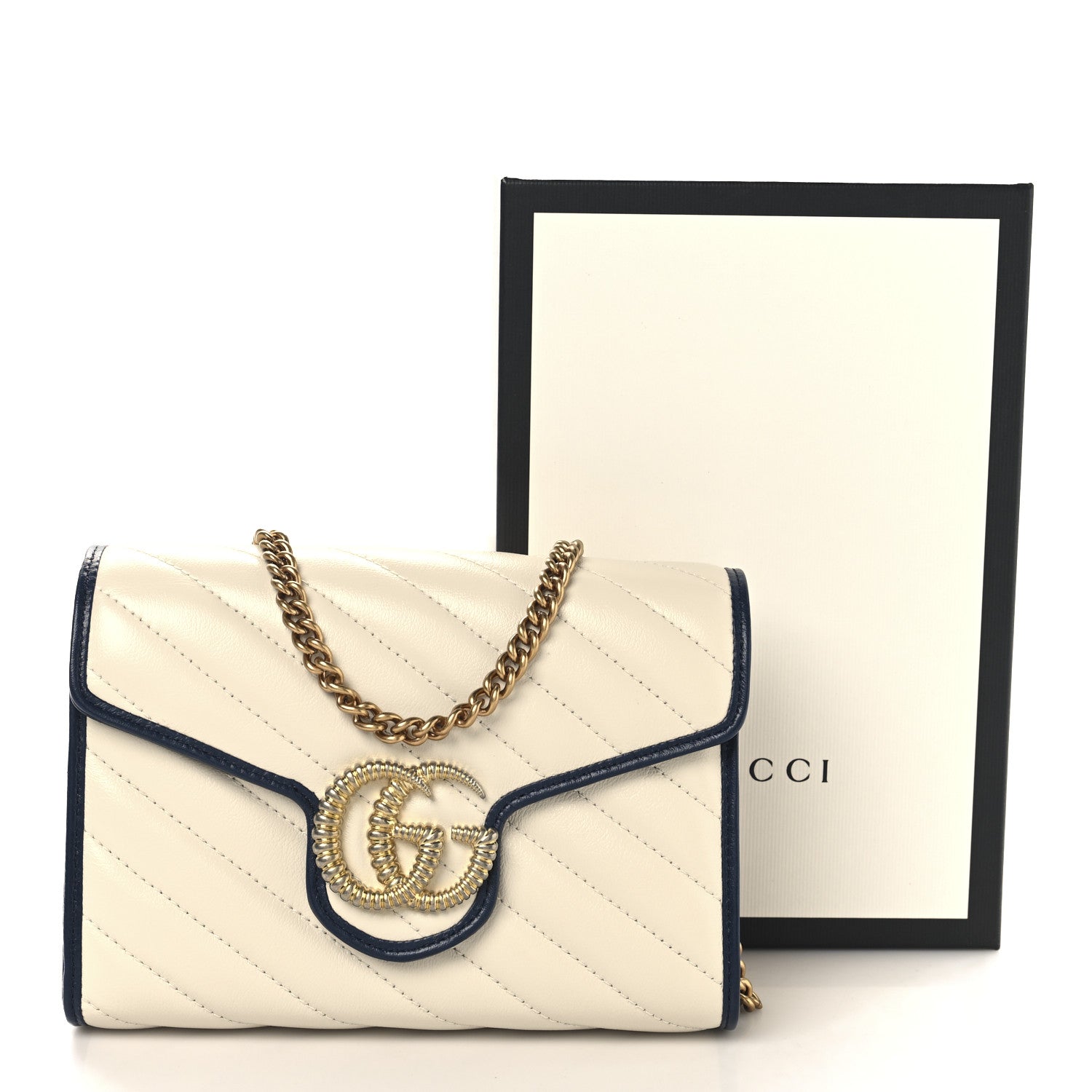 Gucci Vintage Effect Calfskin Matelasse Diagonal Torchon GG Marmont Chain Wallet Mystic White Blue Agata 13 of 13