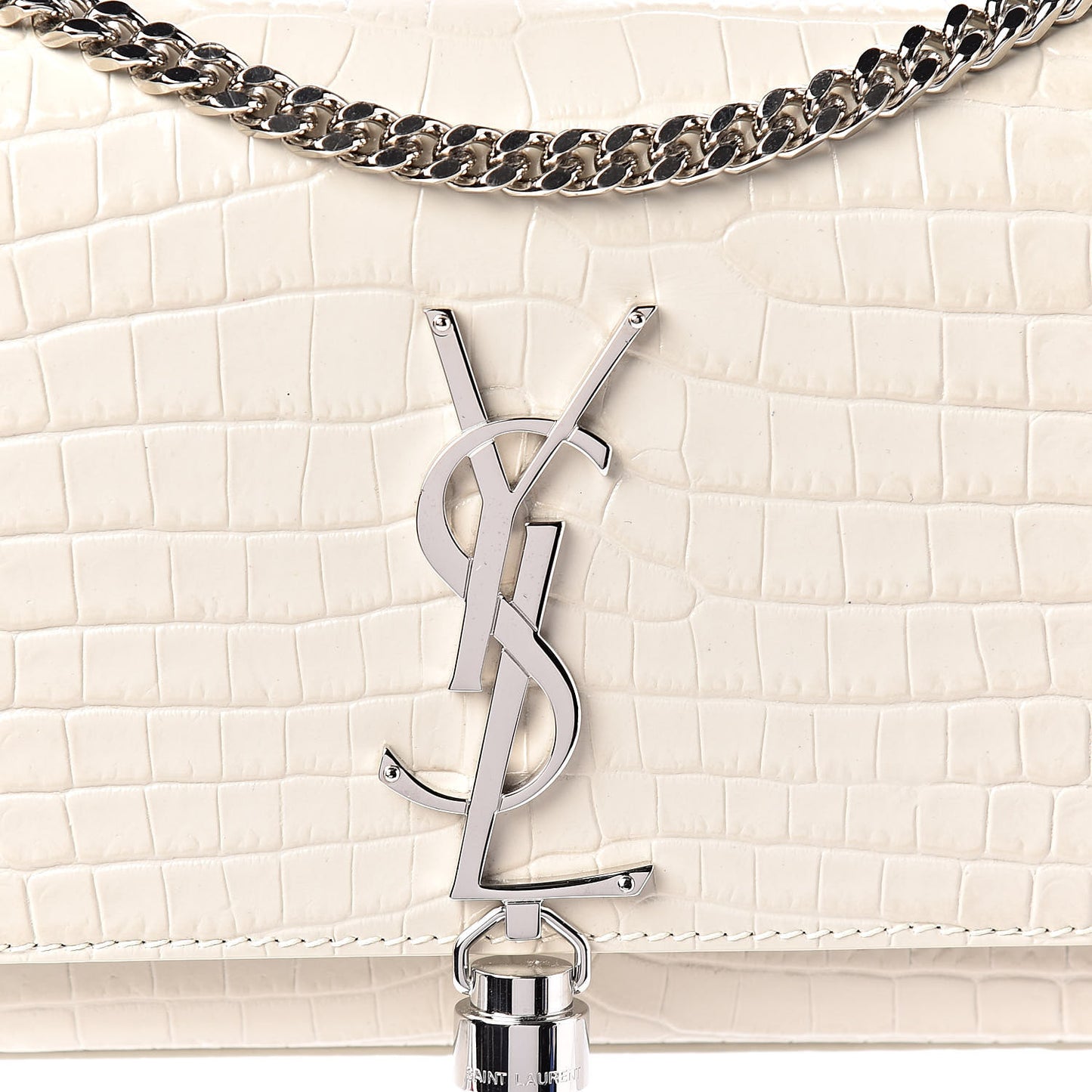 Croc Calfskin Embossed Small Classic Monogram Kate Tassel Satchel Mouse Grey