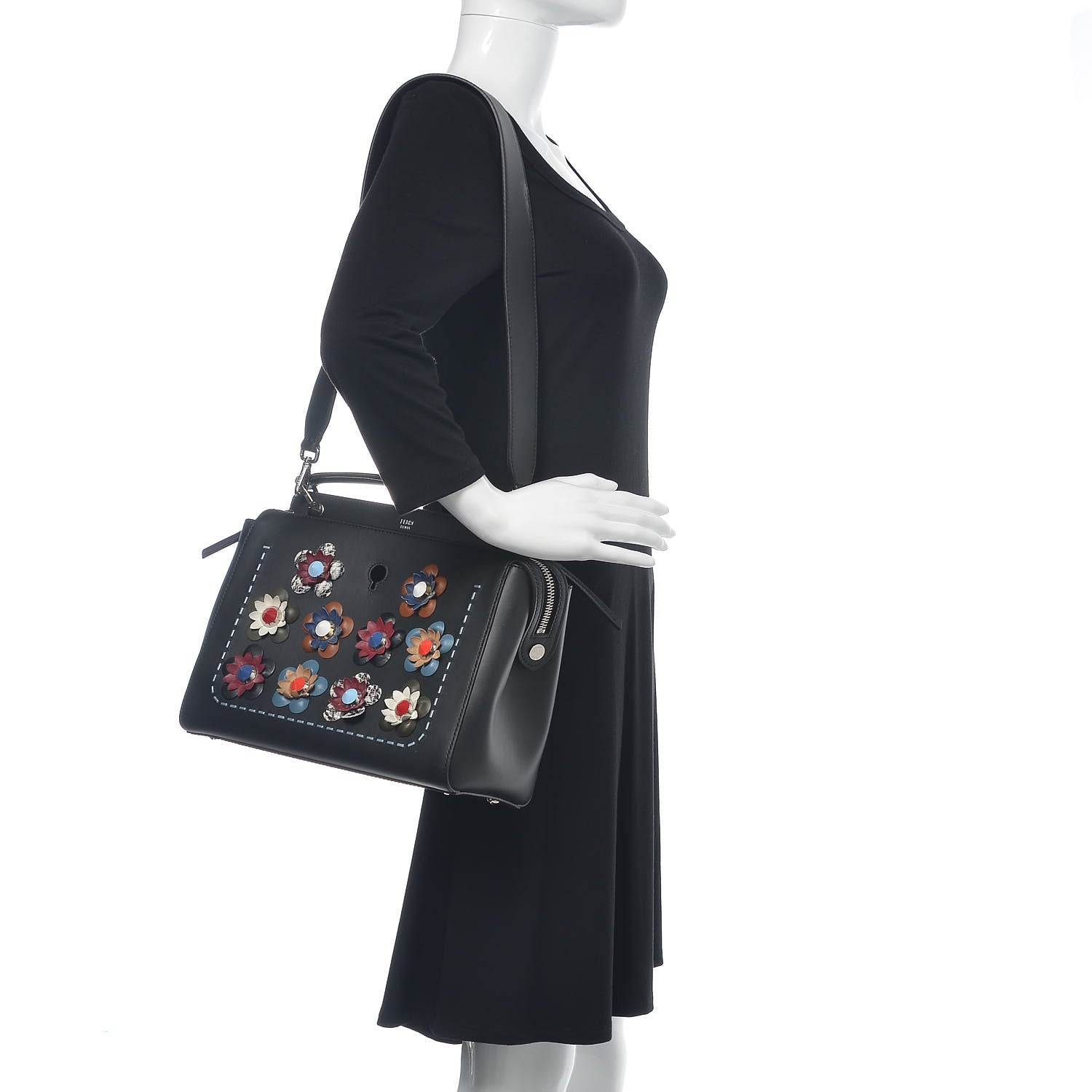 Fendi Calfskin Flowerland Medium Dotcom Satchel Black Multicolor 2 of 12
