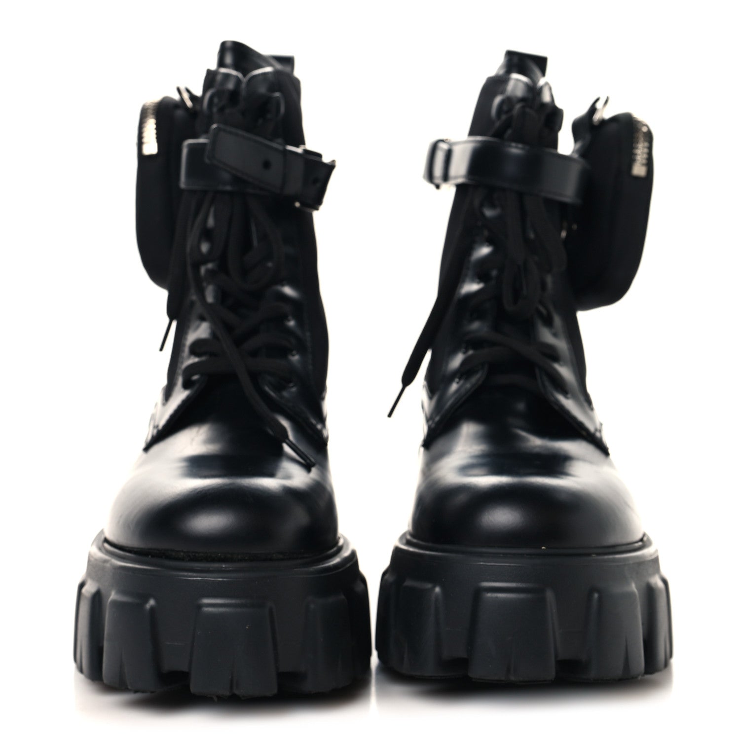 Prada Spazzolato Rois Nylon Metal Triangle Logo Monolith Pouch Pocket 55mm Boots 38.5 Black 3 of 10