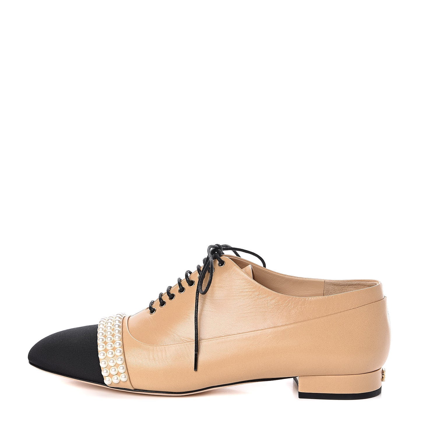 Goatskin Grosgrain Pearl Cap Toe Lace Up Oxfords 39 Beige Black