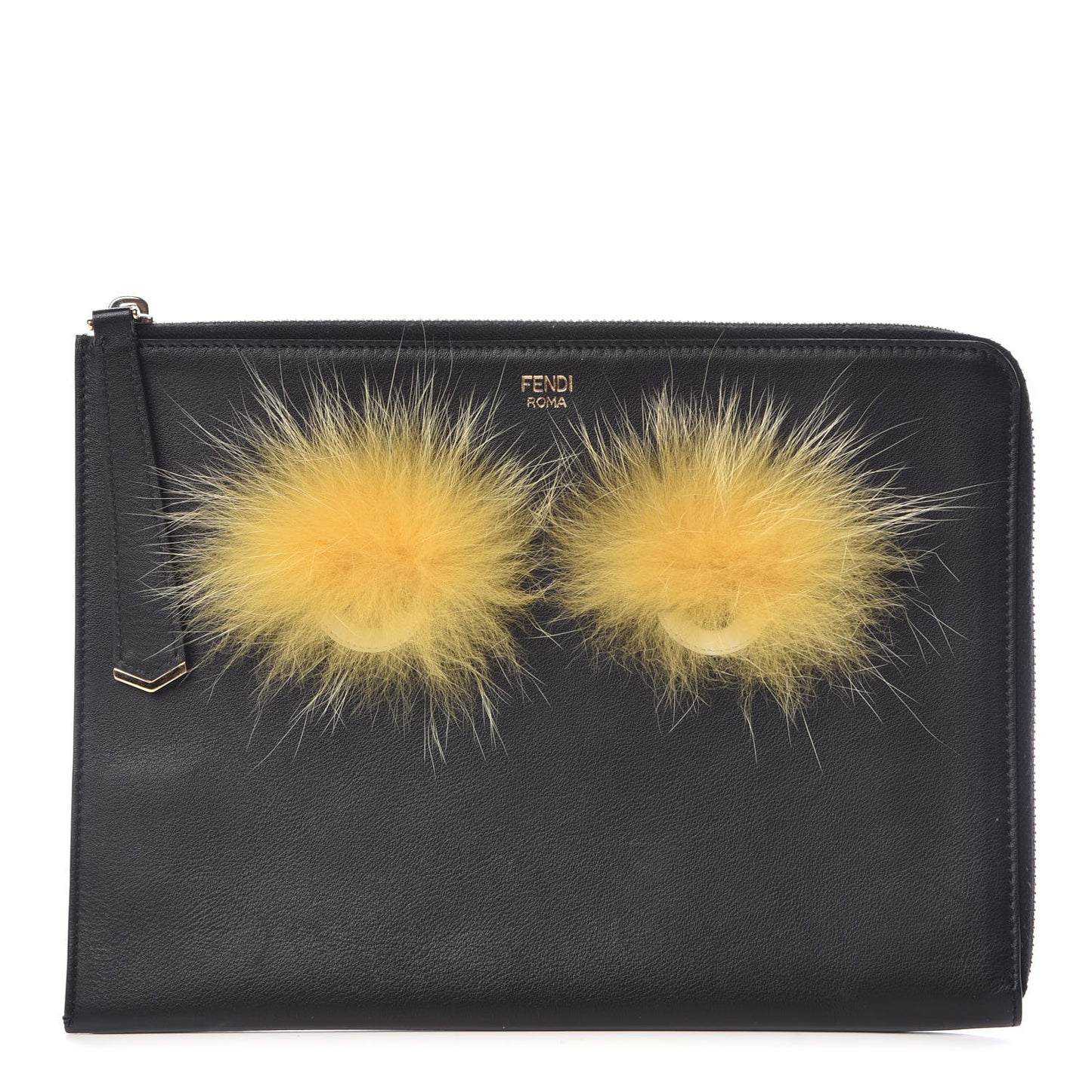 Vitello Dolce Fox Fur Monster Eyes Zip Around Pouch Black