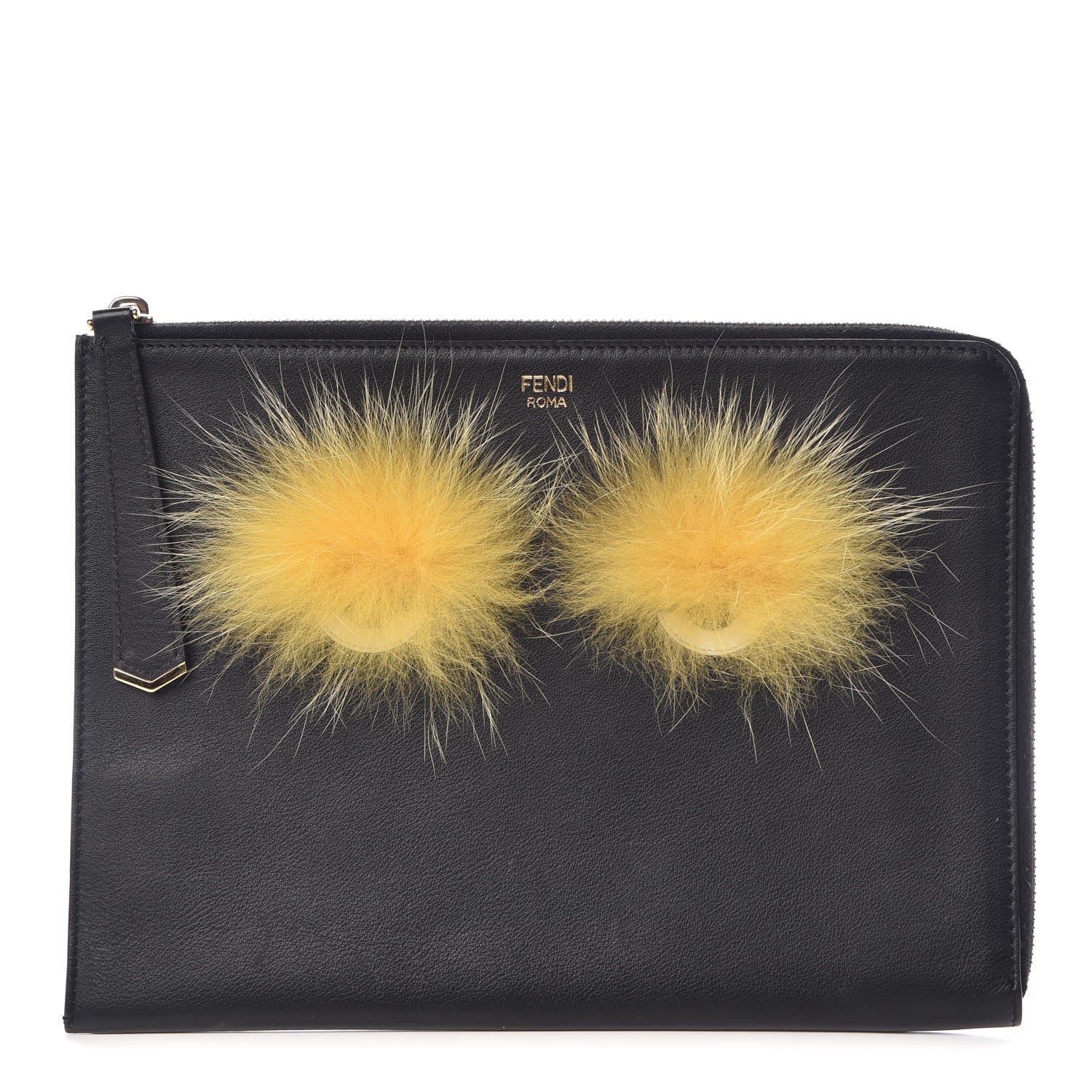 Fendi Vitello Dolce Fox Fur Monster Eyes Zip Around Pouch Black 1 of 7