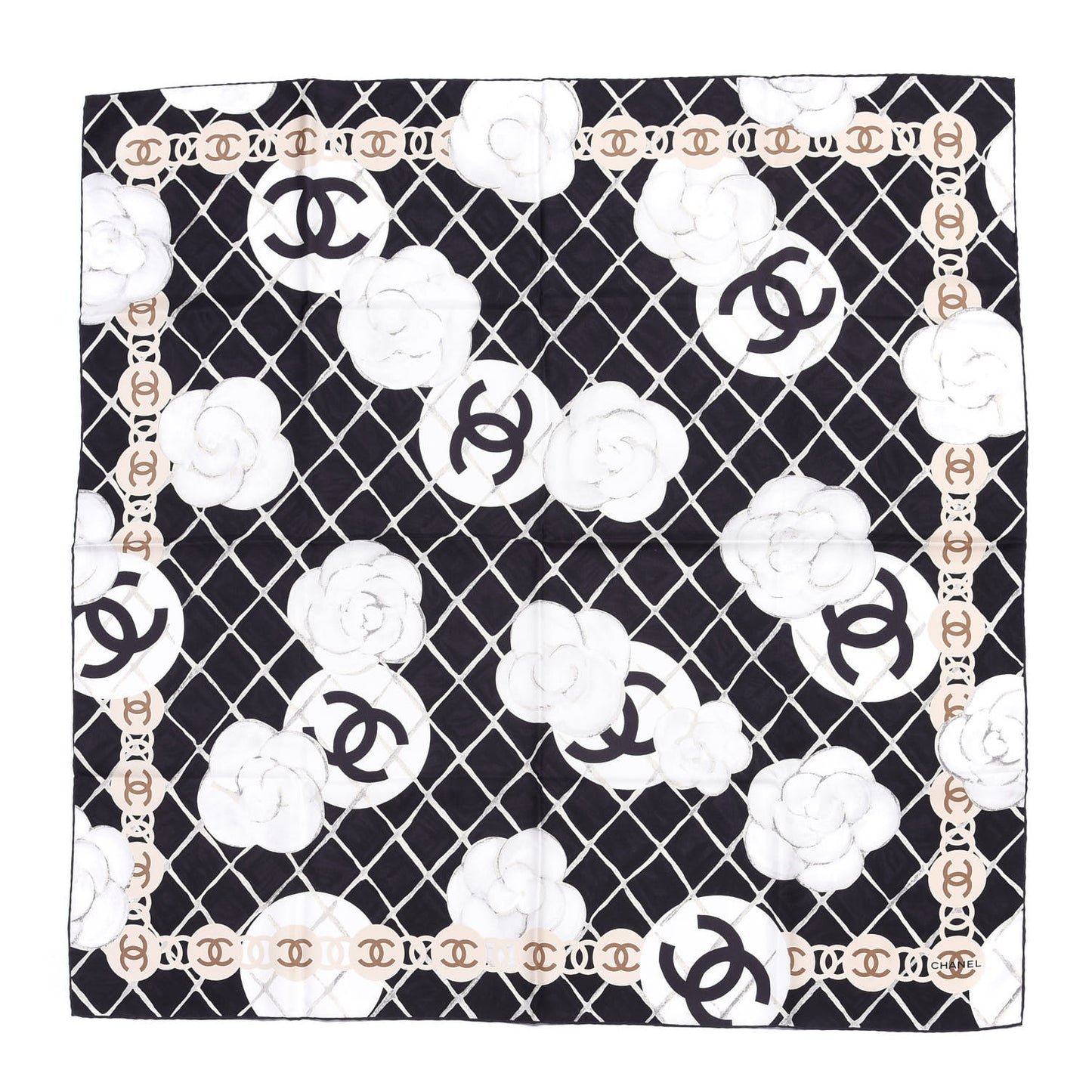 Silk CC Logo Camellia Scarf White Black