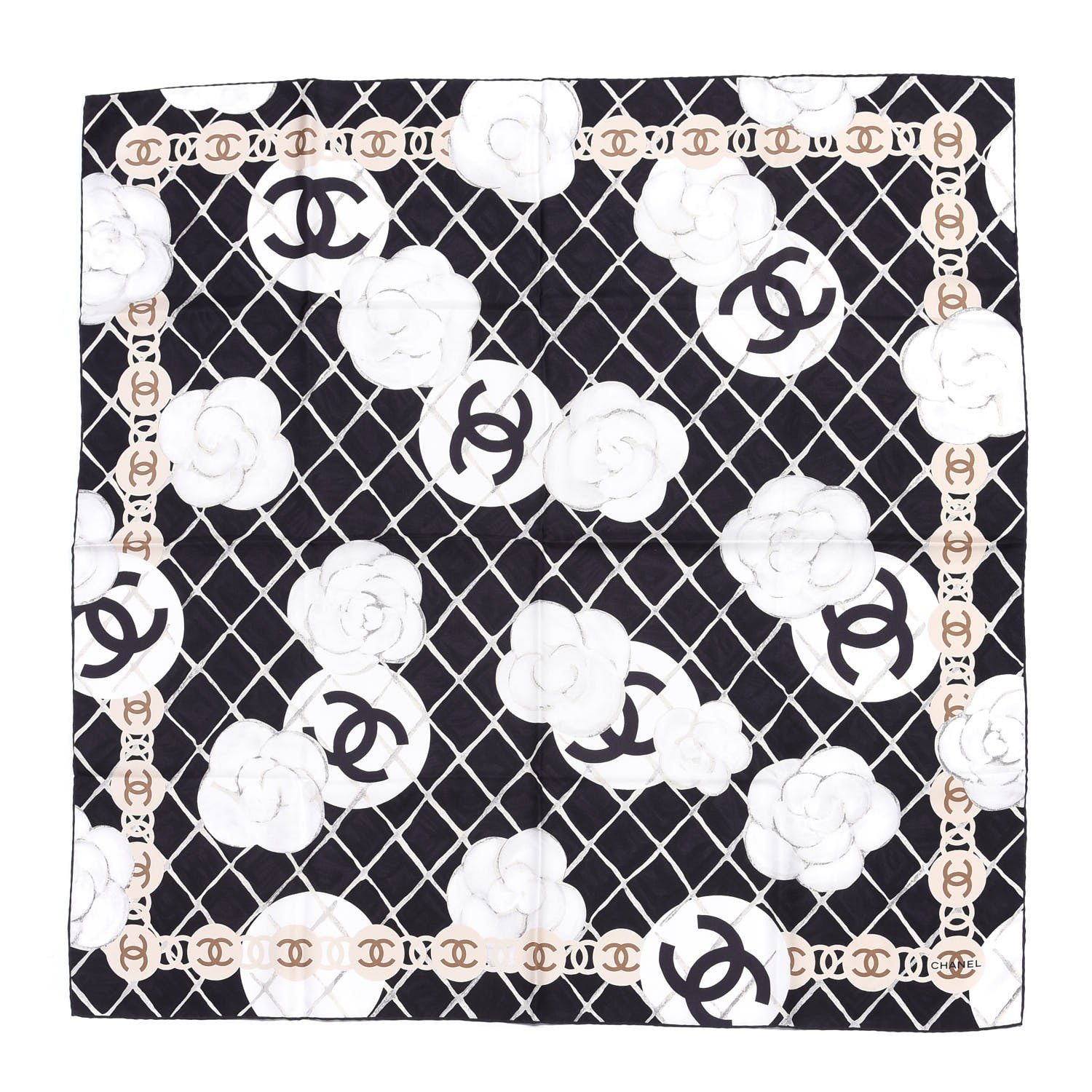 Chanel Silk CC Logo Camellia Scarf White Black 1 of 3