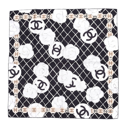 Chanel Silk CC Logo Camellia Scarf White Black 1 of 3