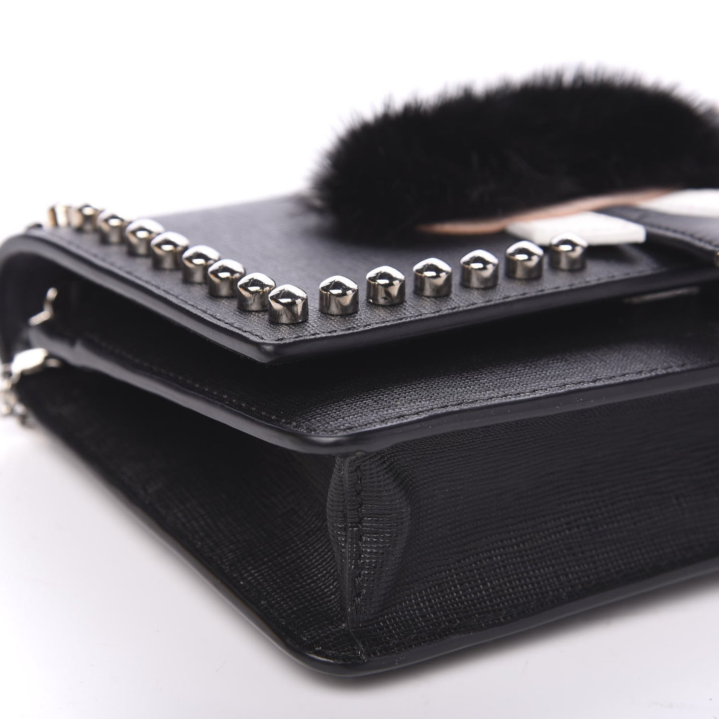 Vitello Elite Mink Fur Studded Karlito Tube Wallet on Chain Black