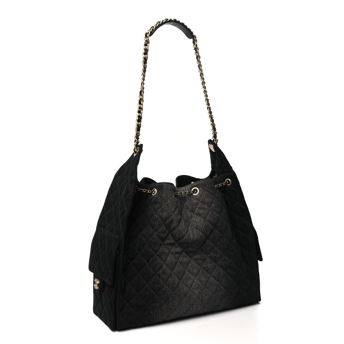 Washed Denim Quilted Medium Chanel 25 Handbag Black