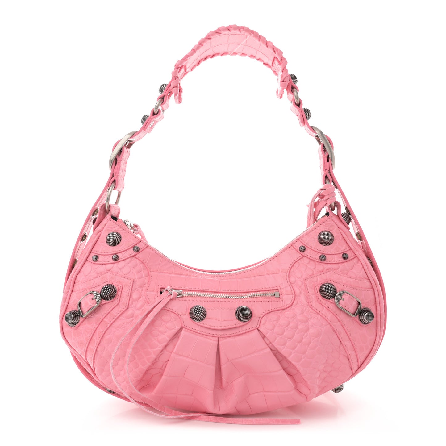 Extra Supple Calfskin Crocodile Embossed Small Le Cagole Shoulder Bag Sweet Pink