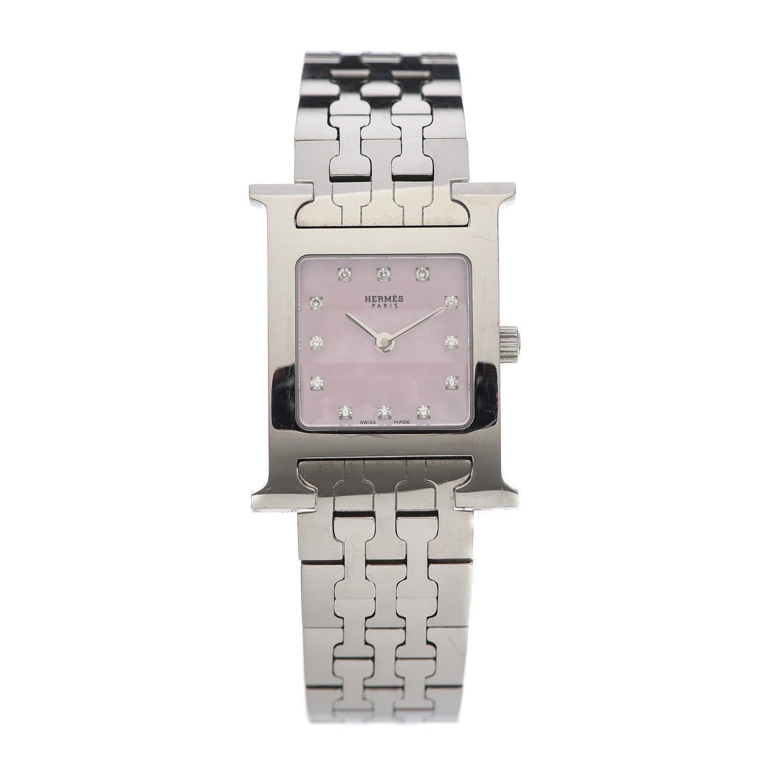 Hermes Stainless Steel Diamond Pink Mother of Pearl 21mm Heure H Hour Quartz Watch 1 of 6