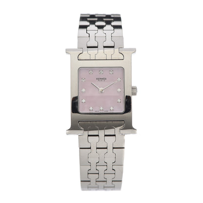 Hermes Stainless Steel Diamond Pink Mother of Pearl 21mm Heure H Hour Quartz Watch 1 of 6