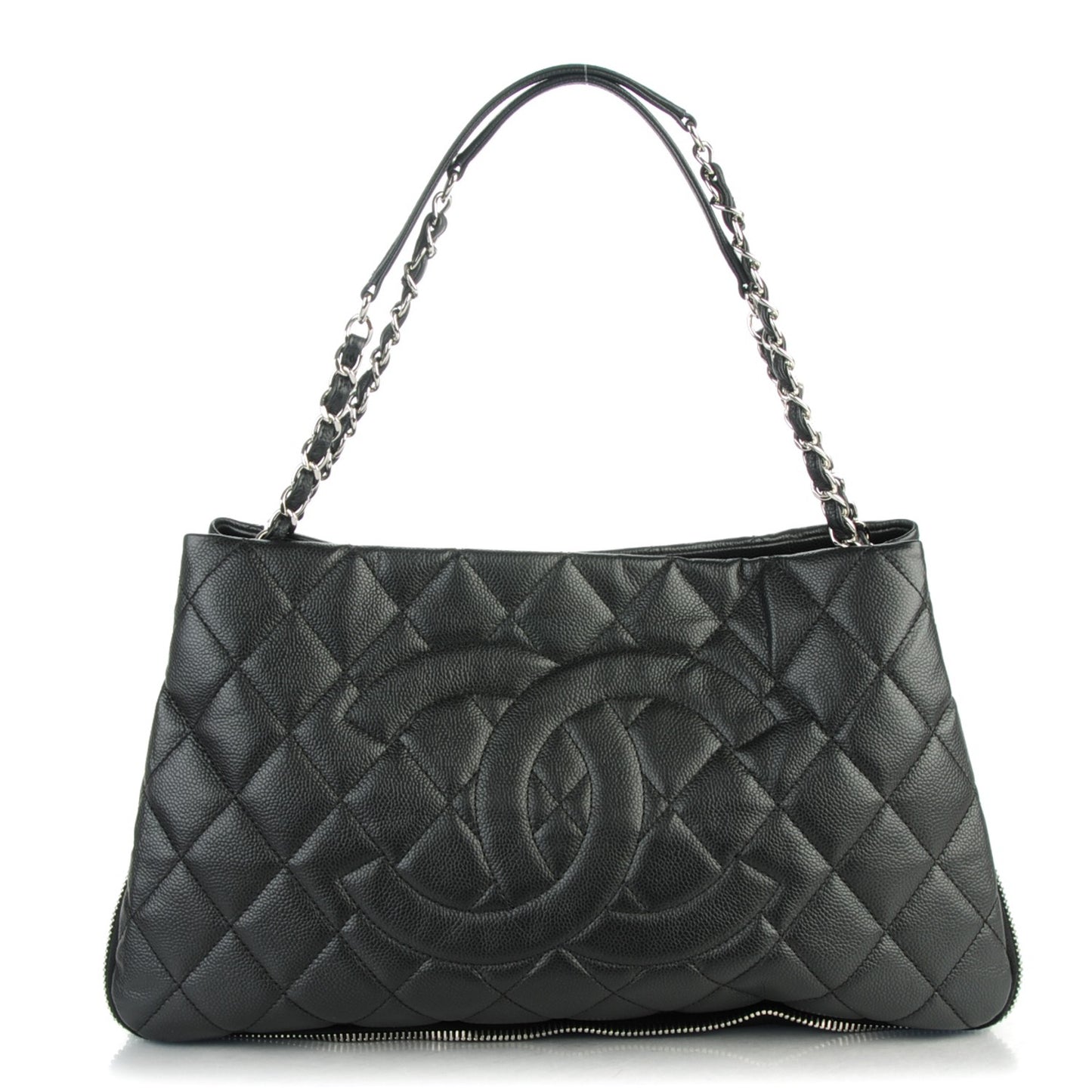 Caviar Quilted Expandable Zip Shoulder Bag Black