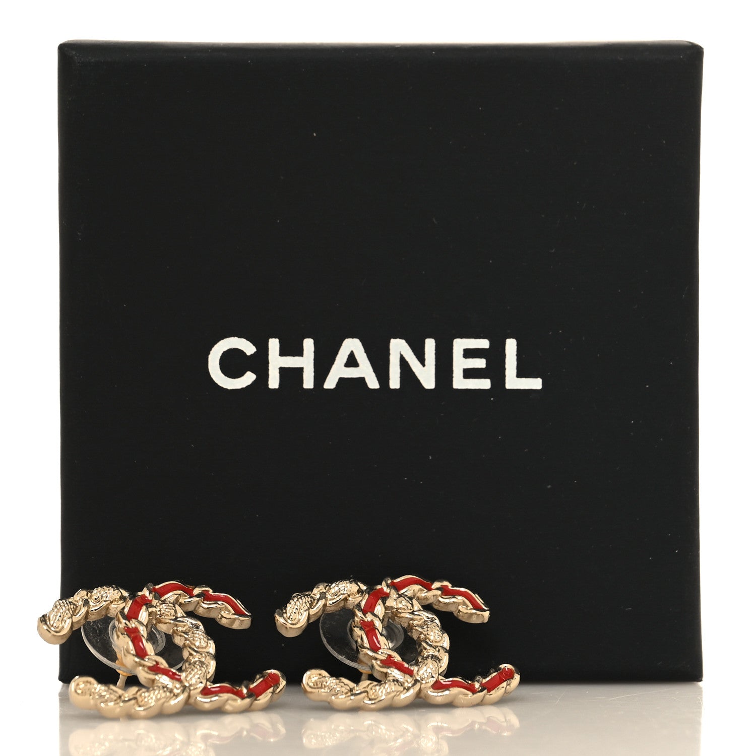 Chanel Enamel Metal Chain French New Wave CC Earrings Red Gold 5 of 5