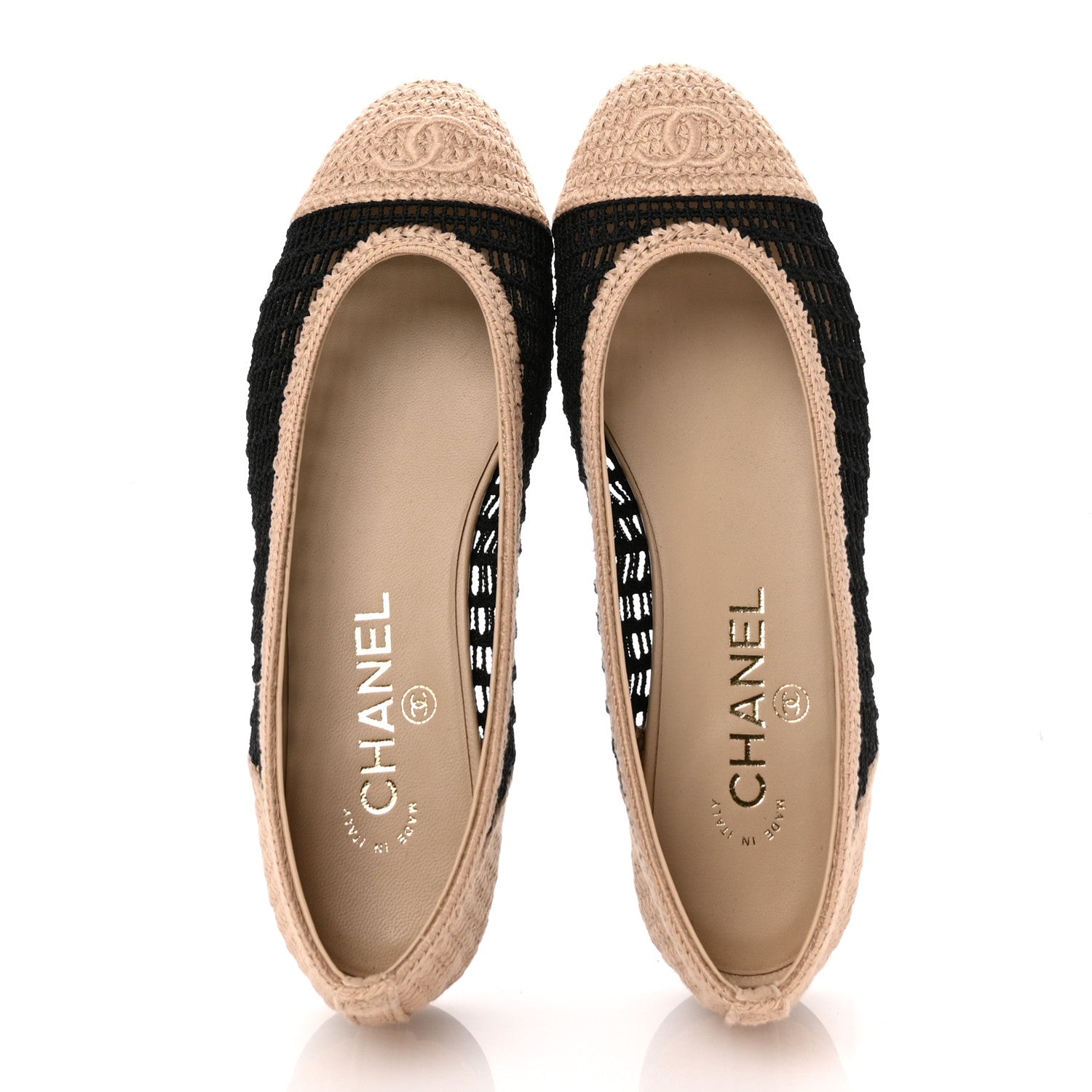 Chanel Raffia Cap Toe Ballerina Flats 37 Black Beige 2 of 10