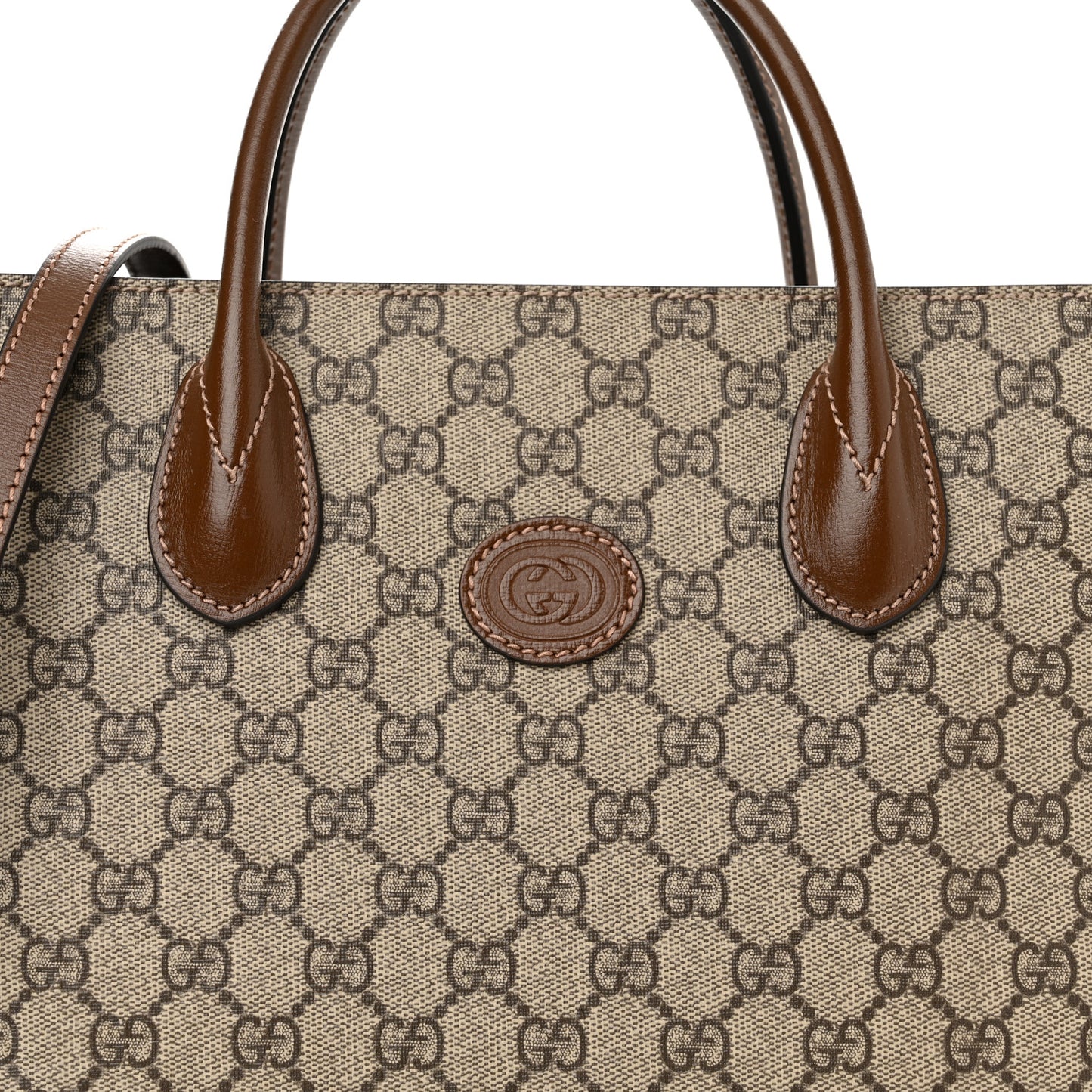GG Supreme Monogram Azalea Calfskin Small Retro Interlocking G Tote Bag Beige Ebony Brown Sugar