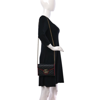 Gucci Vintage Effect Calfskin Matelasse Diagonal Torchon GG Marmont Chain Wallet Black Romantic Cherry 2 of 11