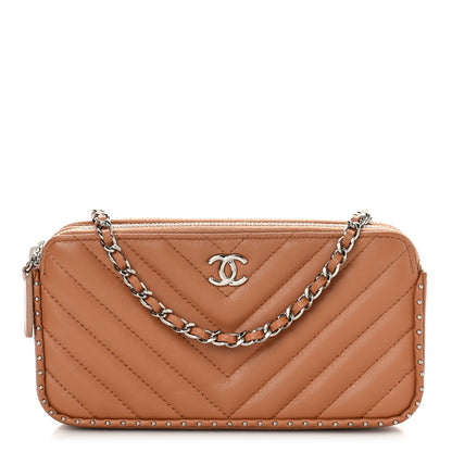 Chanel Lambskin Chevron Quilted Studded Small Clutch With Chain Beige 1 of 10