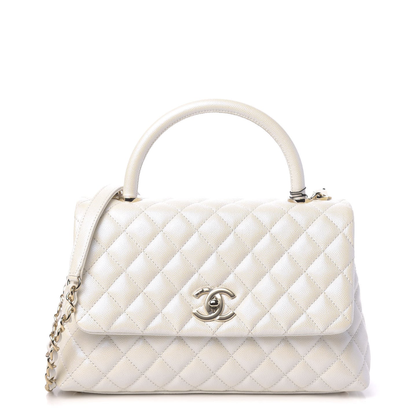 Iridescent Caviar Quilted Small Coco Handle Flap White