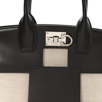 Salvatore Ferragamo Hickory Calfskin Canvas Cutout The Studio Box Bag Beige Brown 8 of 11